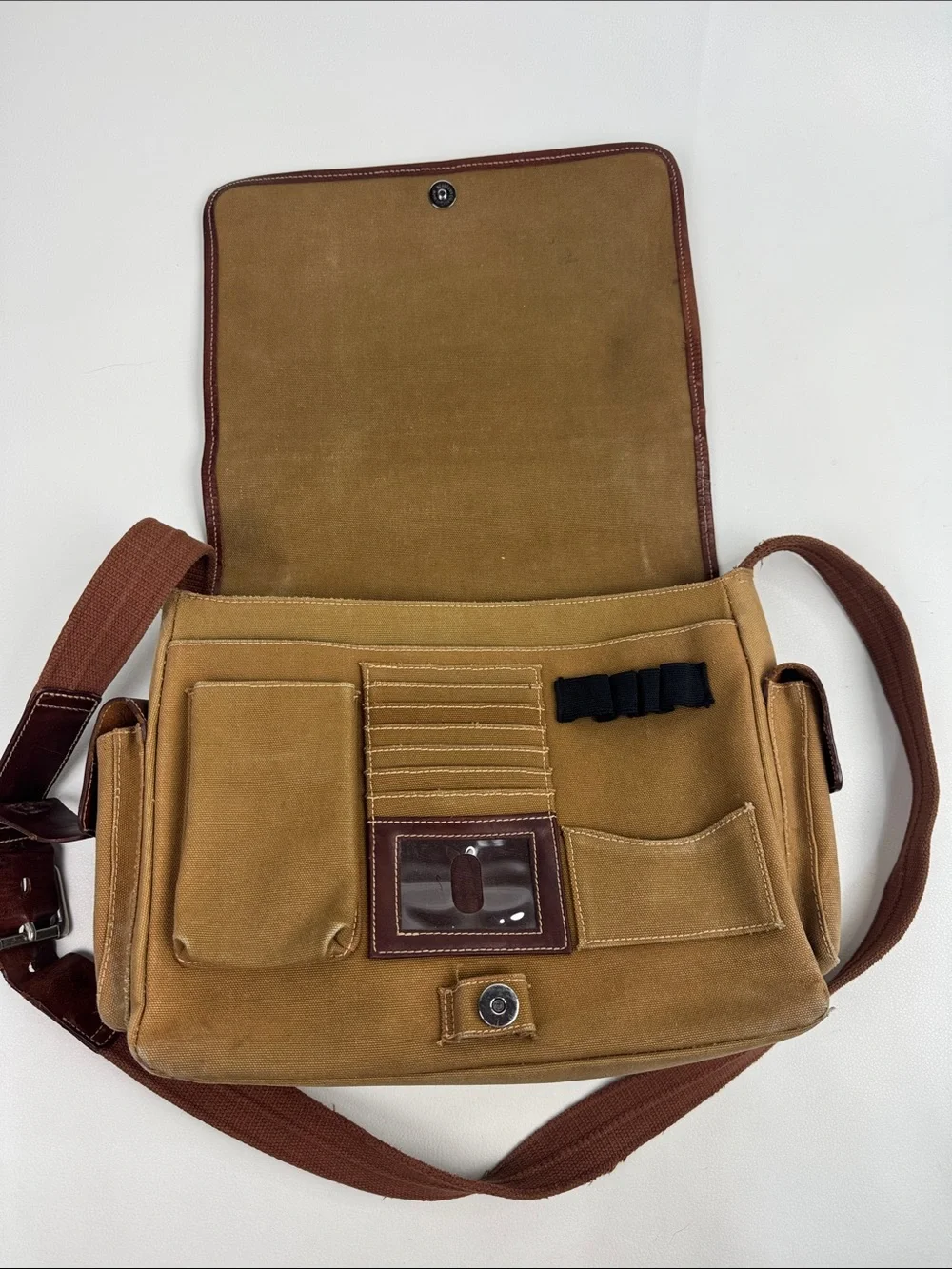 Vintage Fossil Tan Canvas Messenger crossbody Bag Brown Leather Trim Pockets